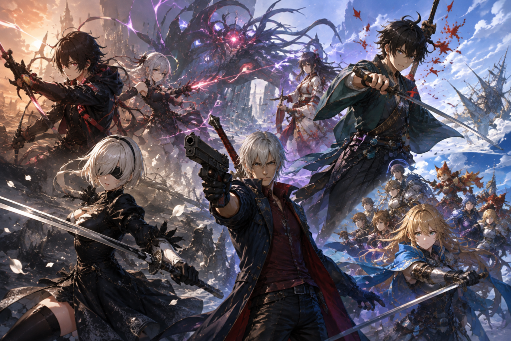 crossover of iconic characters explaining what anime hack and slash games pc feature including dante and 2b in action