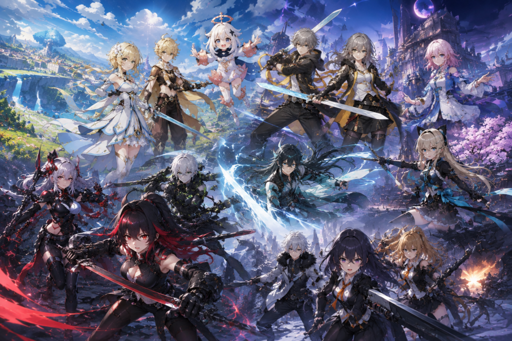 anime action rpg roster showcasing what anime hack and slash games pc feature with sword heroes in battle stance