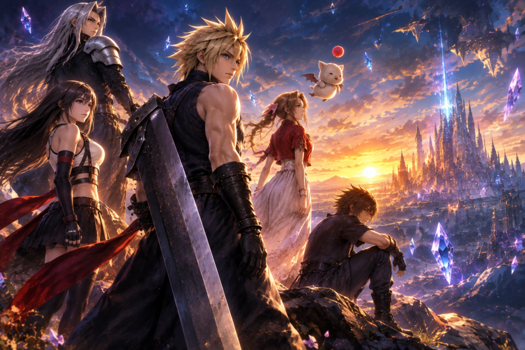 Final Fantasy characters and a floating Moogle overlooking a glowing sunset castle