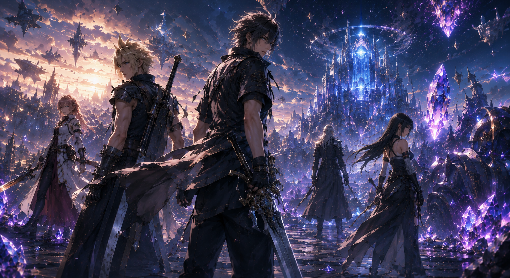 Final Fantasy characters standing together against a fantasy castle and glowing crystals backdrop
