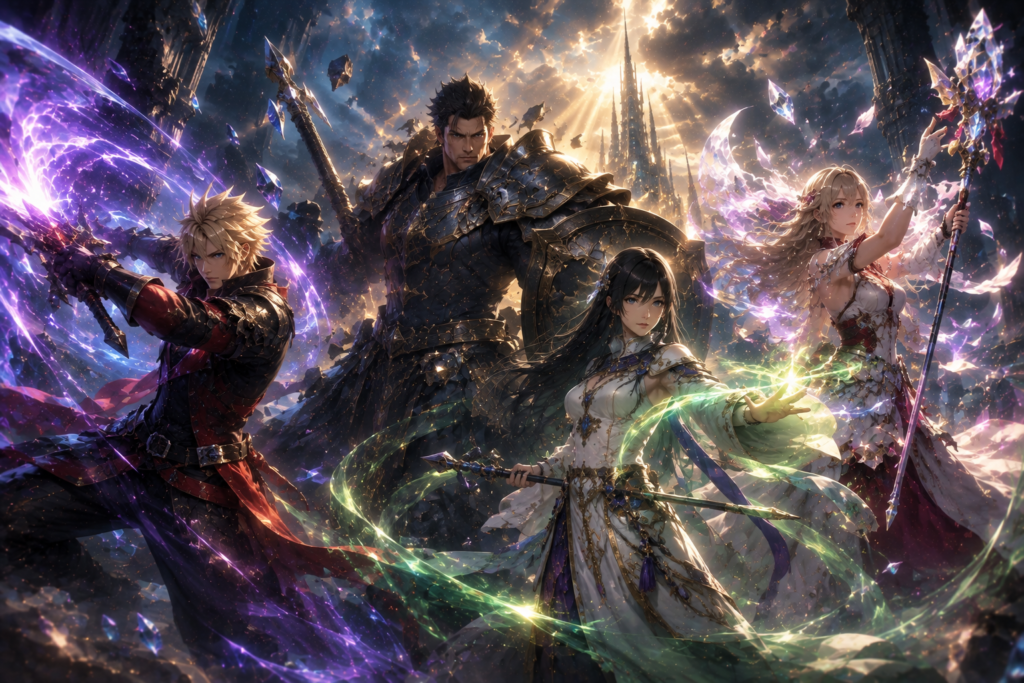 Final Fantasy party casting magical spells and wielding weapons with glowing crystals