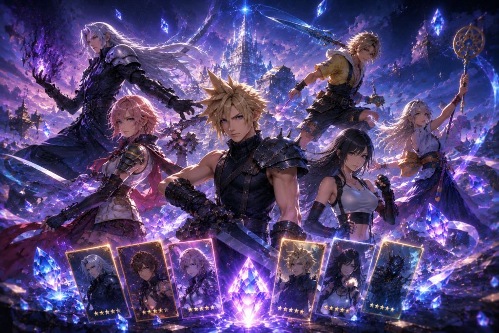 Final Fantasy characters and glowing gacha pull cards with five-star rarity crystals