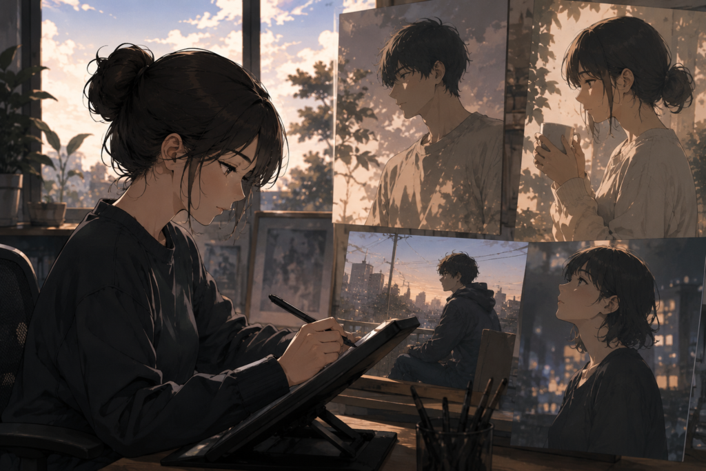Pepper0 inspired anime family scene with a mother and children enjoying a puzzle together