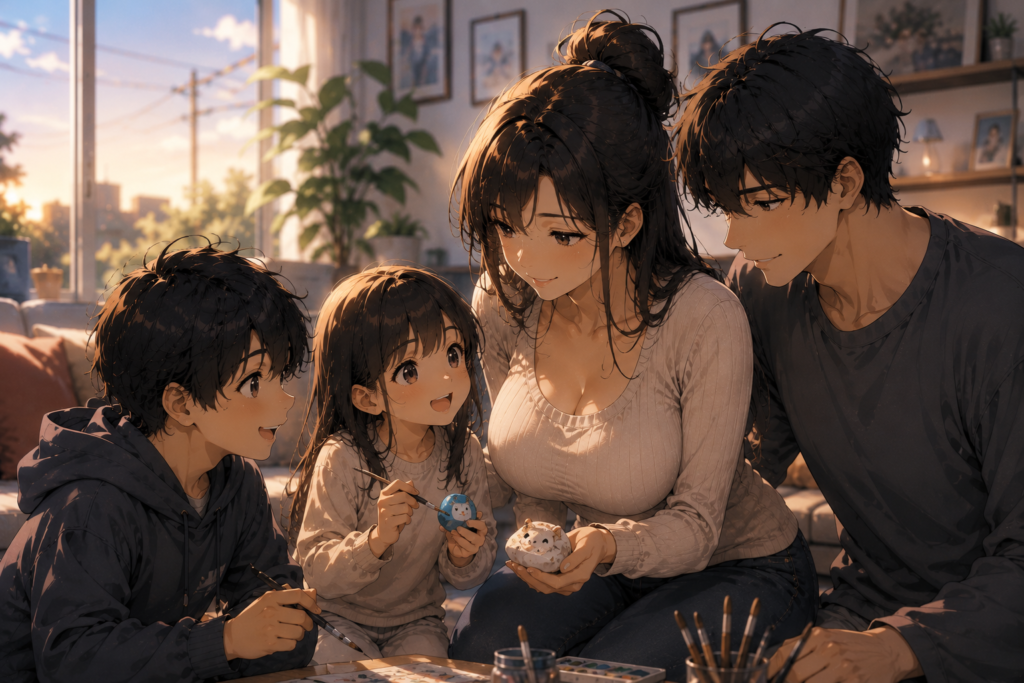 Pepper0 digital art inspired anime family scene with mother and children enjoying a puzzle together