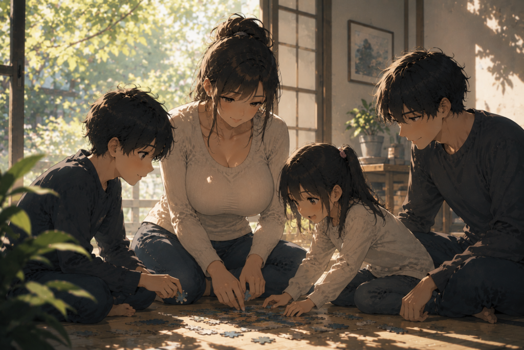 Pepper0 inspired anime family scene with a mother and children solving a puzzle together