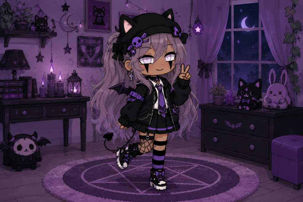 Gothic cute Gacha Life character in a purple-themed room with cat ears and devil wings