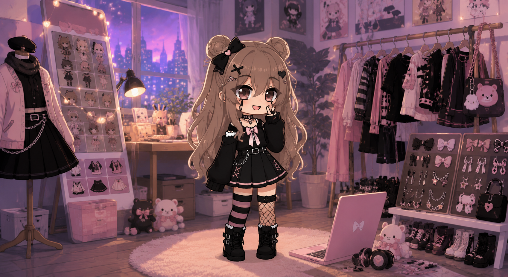 Cute Gacha Life girl in a gothic-inspired outfit standing in a cozy pastel bedroom with soft sunset lighting.