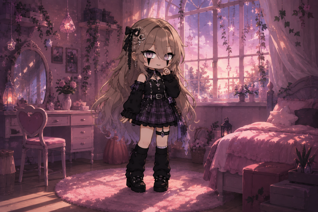 Cute Gacha Life character in a pink aesthetic bedroom with gothic-style outfit