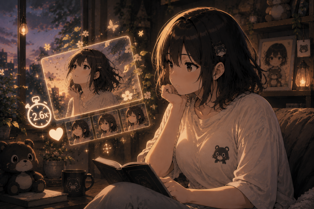 Anime girl reading a book with a glowing GIF frame interface floating in a cozy room