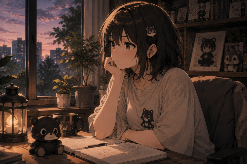 Cozy anime girl studying near a window with warm lighting and bear plushies