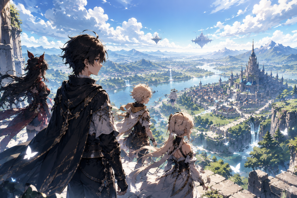 Anime characters looking out over a vast fantasy kingdom with floating islands and a grand castle