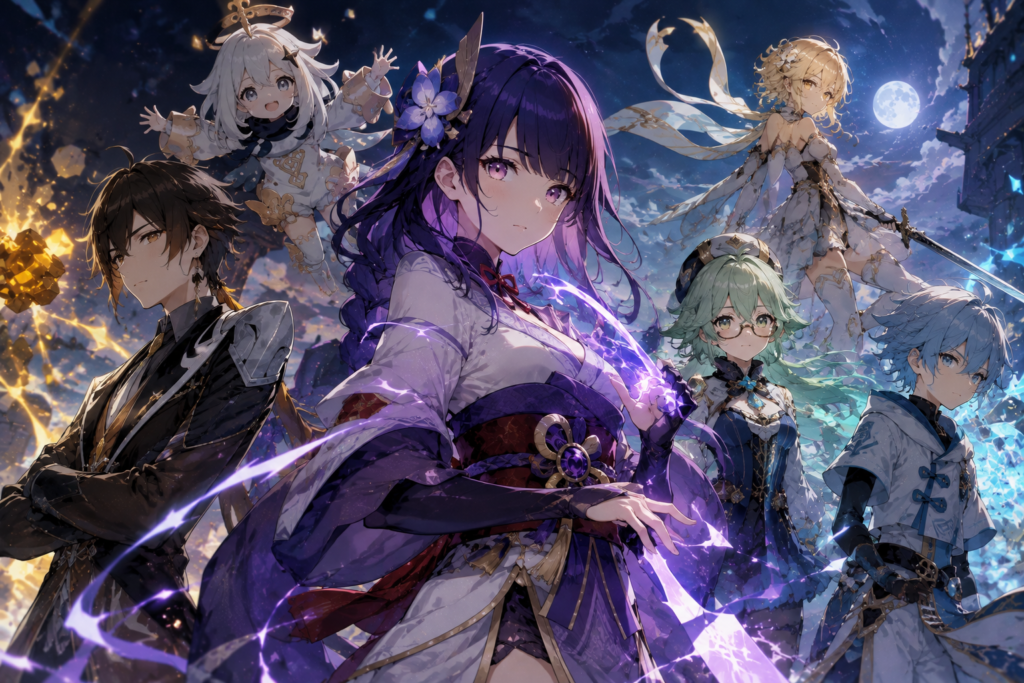 Ensemble of anime gacha characters under a moonlit night sky with magical effects