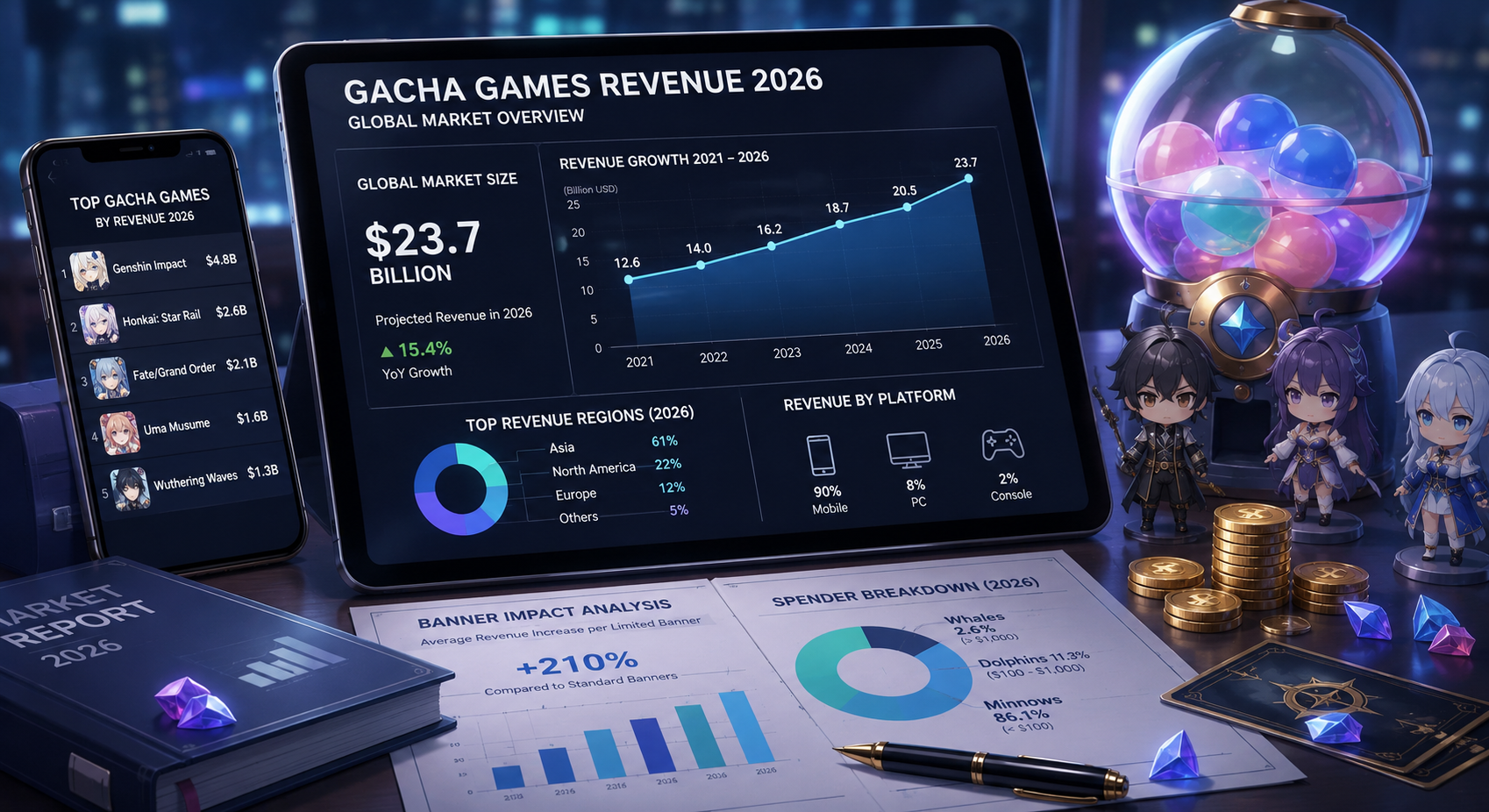 Gacha games revenue 2026 dashboard on a tablet showing global market size, growth charts, and top-earning mobile games