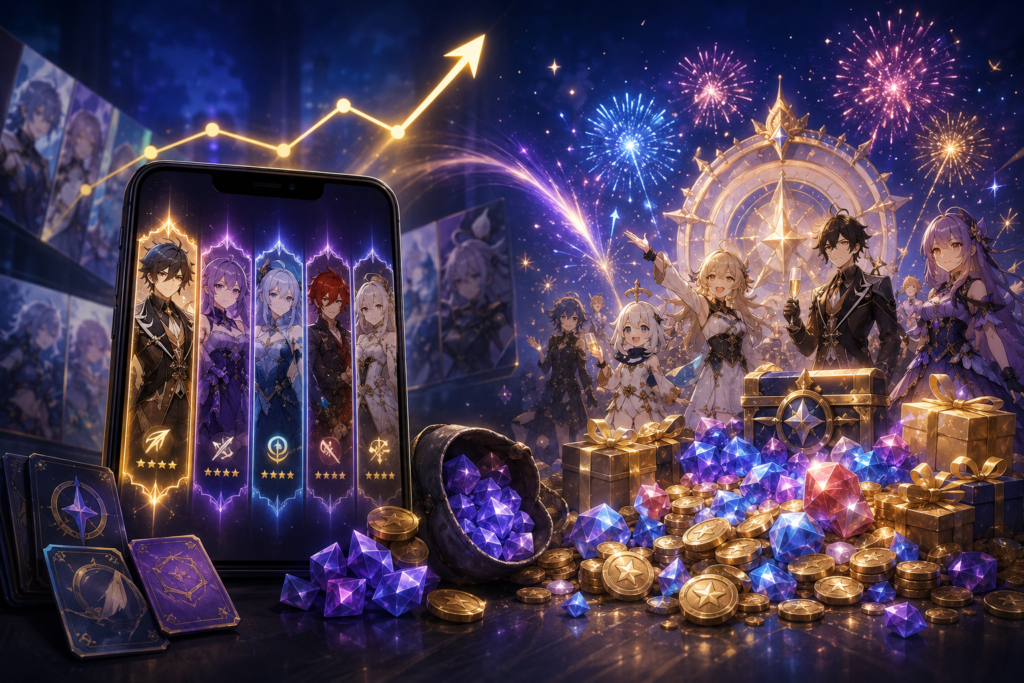 Gacha game anniversary celebration with smartphone showing character pull banners and piles of in-game rewards and gems