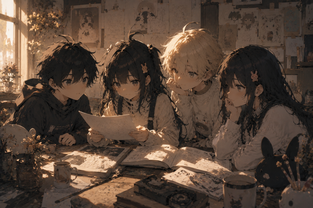 Pepper0 series characters reviewing sketches and manga pages together in a sunlit art studio