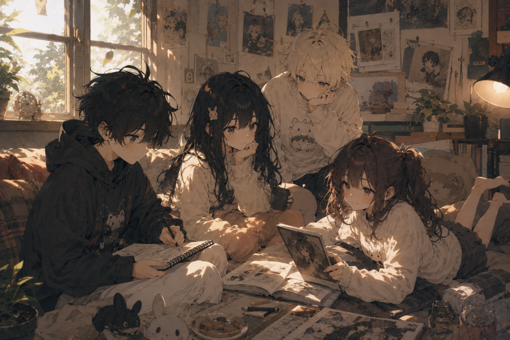 Pepper0 series characters collaborating in a cozy room with one sketching in a notebook and others reading manga