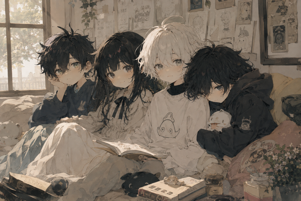 Pepper0 series characters reading a book together in a cozy room decorated with sketches and books