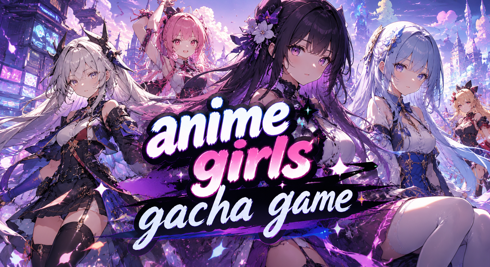 Anime girls gacha game illustration featuring multiple stylized female characters with glowing magical effects and a fantasy city background