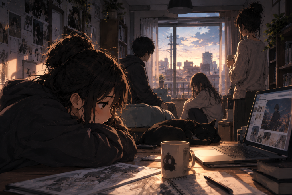 anime girl resting at desk with laptop illustrating pepper0 comic characters and storyline scenes