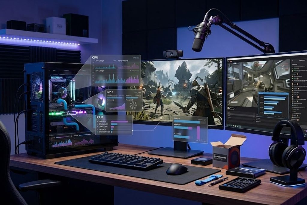 Single PC gaming and streaming setup with dual monitors.