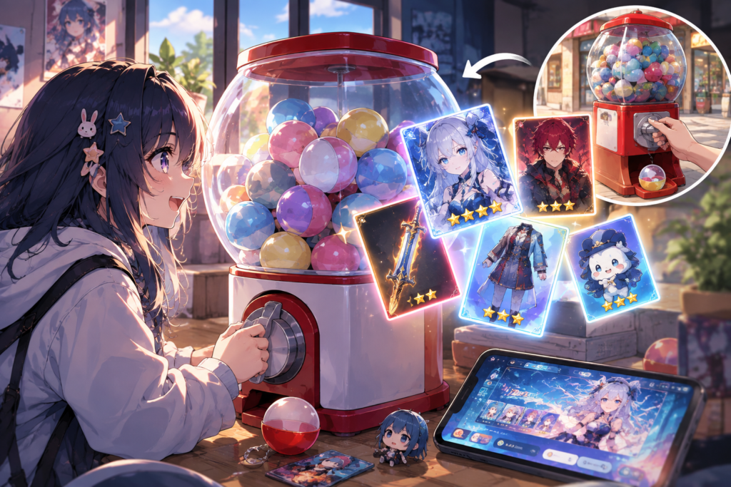 gacha machine system mechanics concept showing anime girl turning capsule machine to unlock game cards and characters