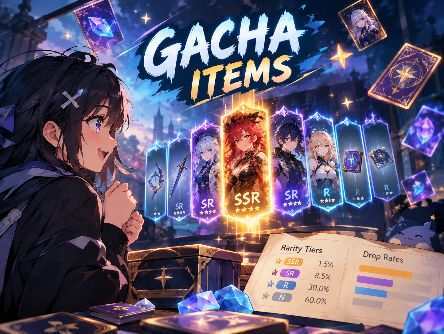 gacha items rarity tiers drop rates card pull interface showing ssr sr r character cards and drop probabilities