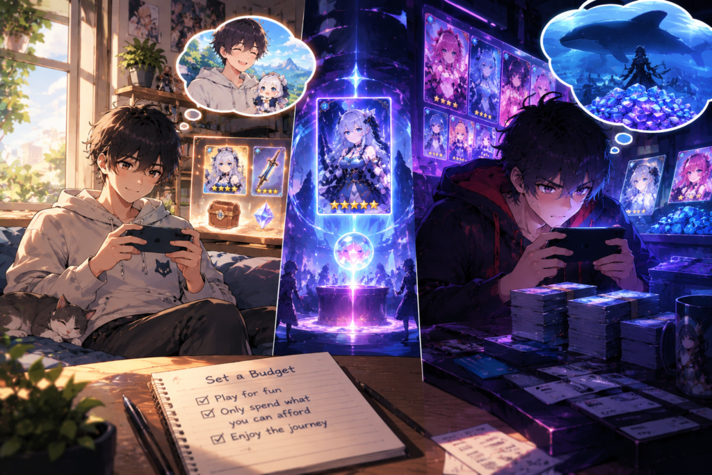 gacha game spending management and whale guide split image comparing f2p healthy gaming with heavy spending whale mechanics