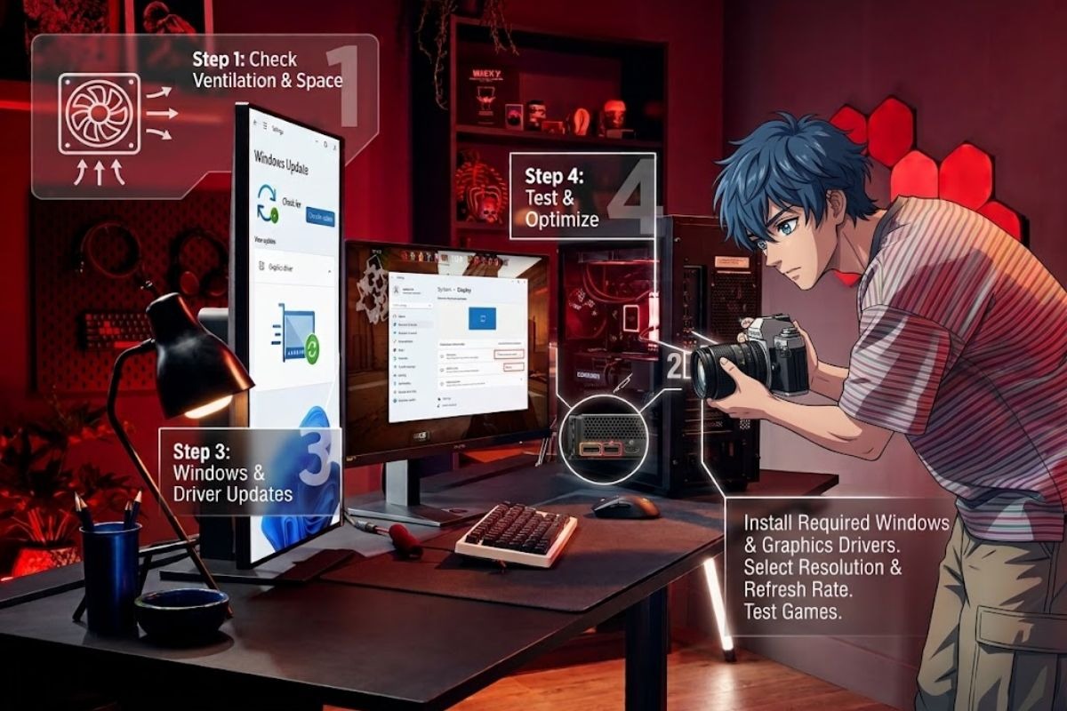 Gaming PC and monitor setup with display connections.