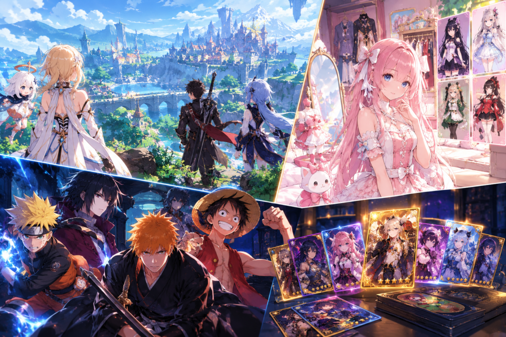 gacha game types open world dress up card battle collage showing genshin style exploration anime fashion studio and strategy card mechanics