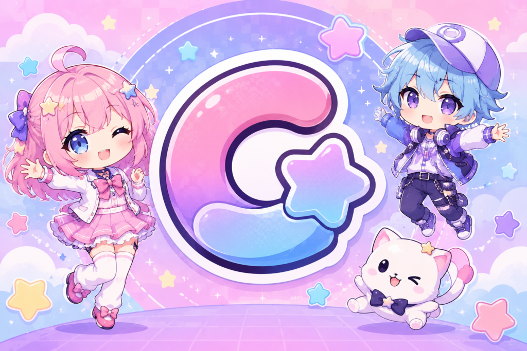 cute gacha icon design pastel chibi featuring G letter star logo with pink girl and blue boy mascots