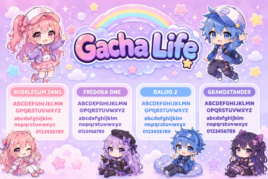 gacha life fonts aesthetic text generator showing bubblegum sans fredoka one baloo 2 and grandstander typefaces with cute chibi characters