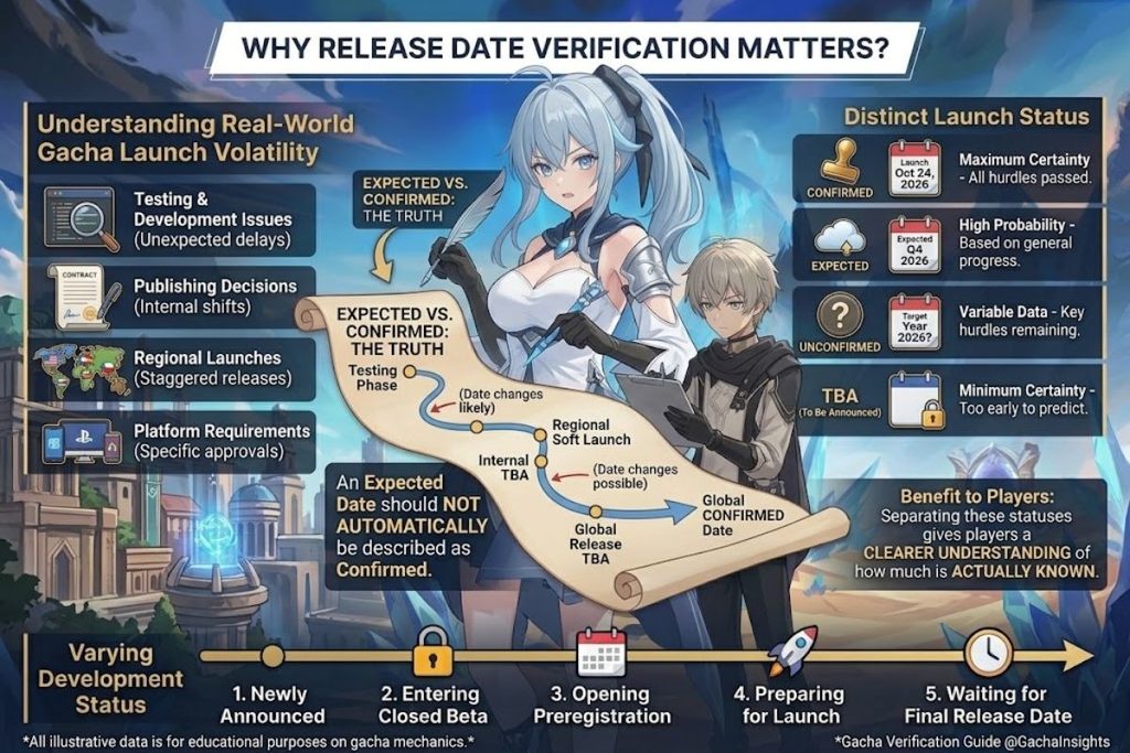 Upcoming gacha game release date verification.