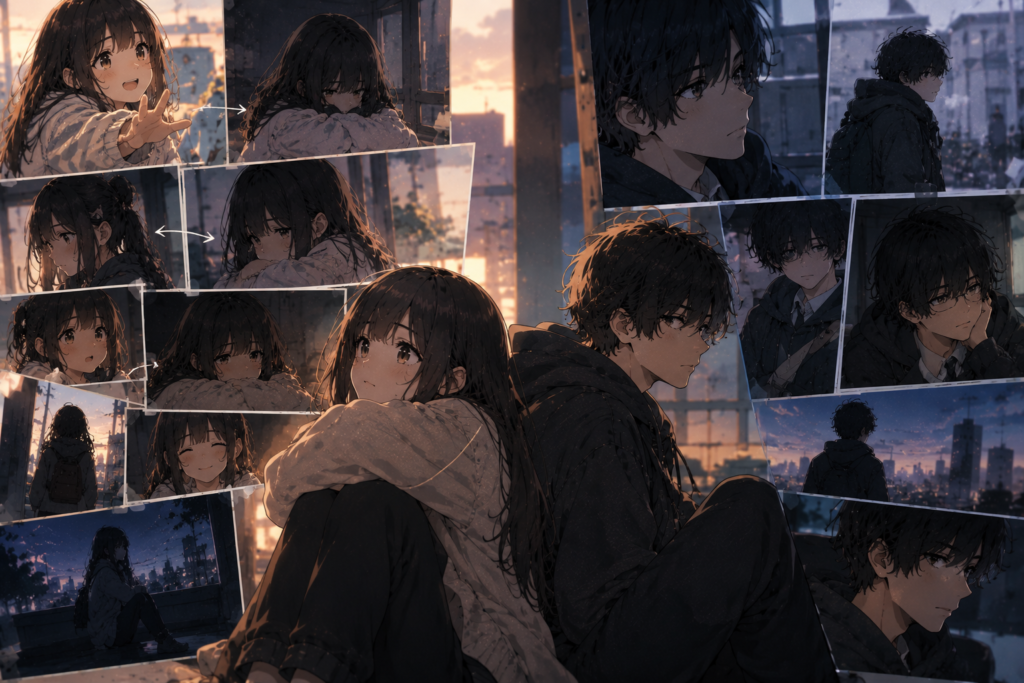 anime male and female lead sitting back to back illustrating pepper0 comic character analysis and relationships