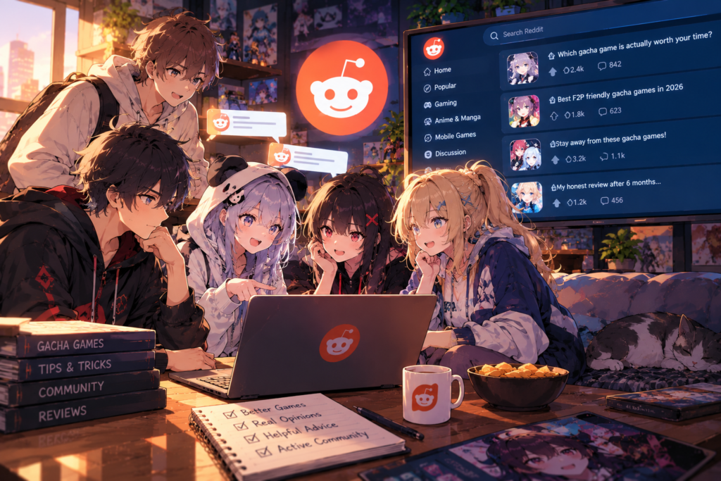 reddit gacha gaming community reviews discussion showing group of anime gamers browsing online forums on laptop and monitor