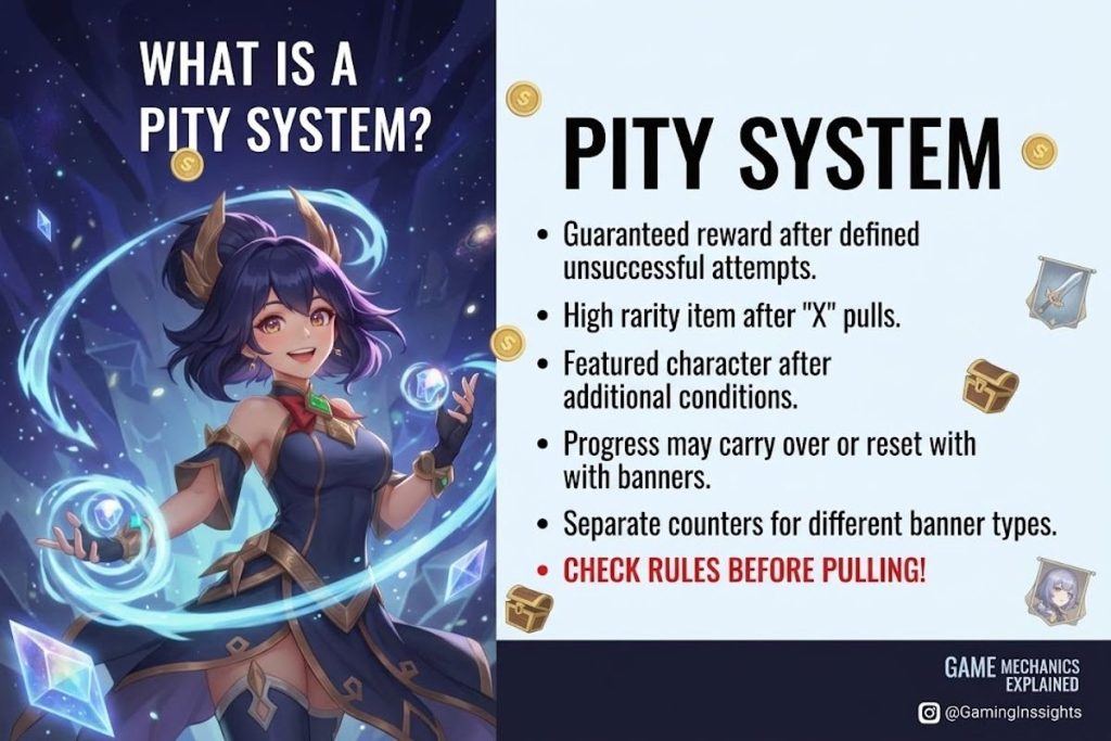 Gacha pity system and guaranteed rewards.