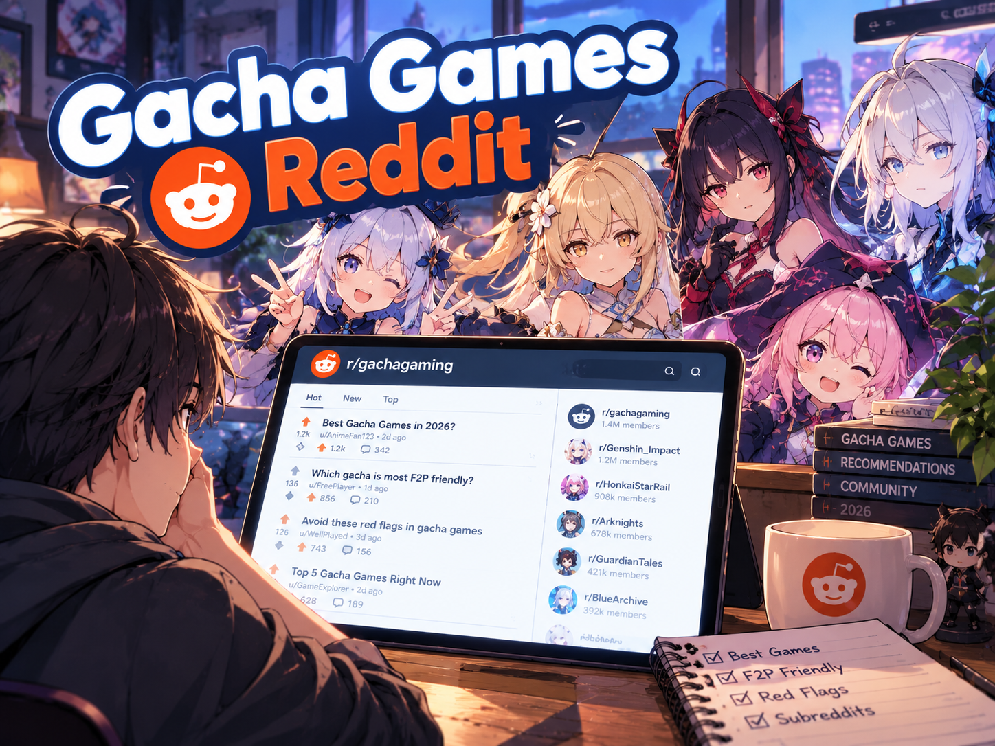 gacha games reddit recommendations community tablet interface showing r gachagaming subreddit posts and anime character background