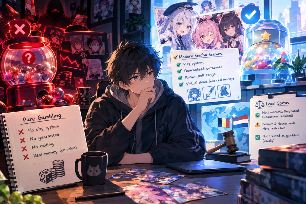 gacha mechanics vs gambling legal status pity system split illustration comparing pure gambling with modern gacha pity guarantees