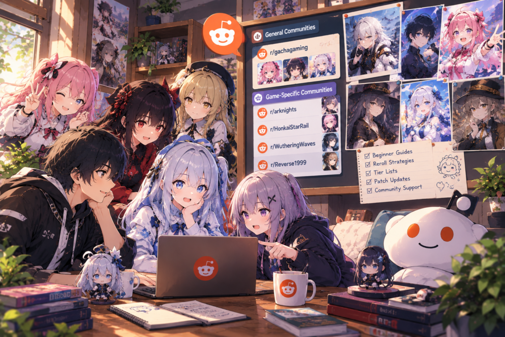 top gacha gaming subreddits guide showing r gachagaming arknights honkai star rail wuthering waves subreddits list on corkboard