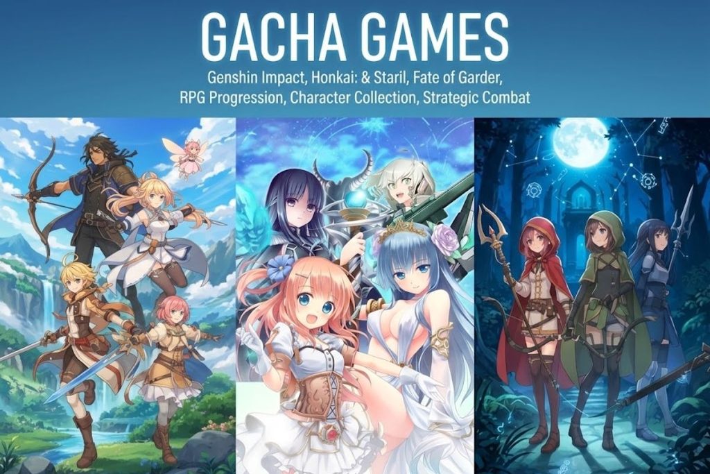 Examples of gacha games and reward mechanics.