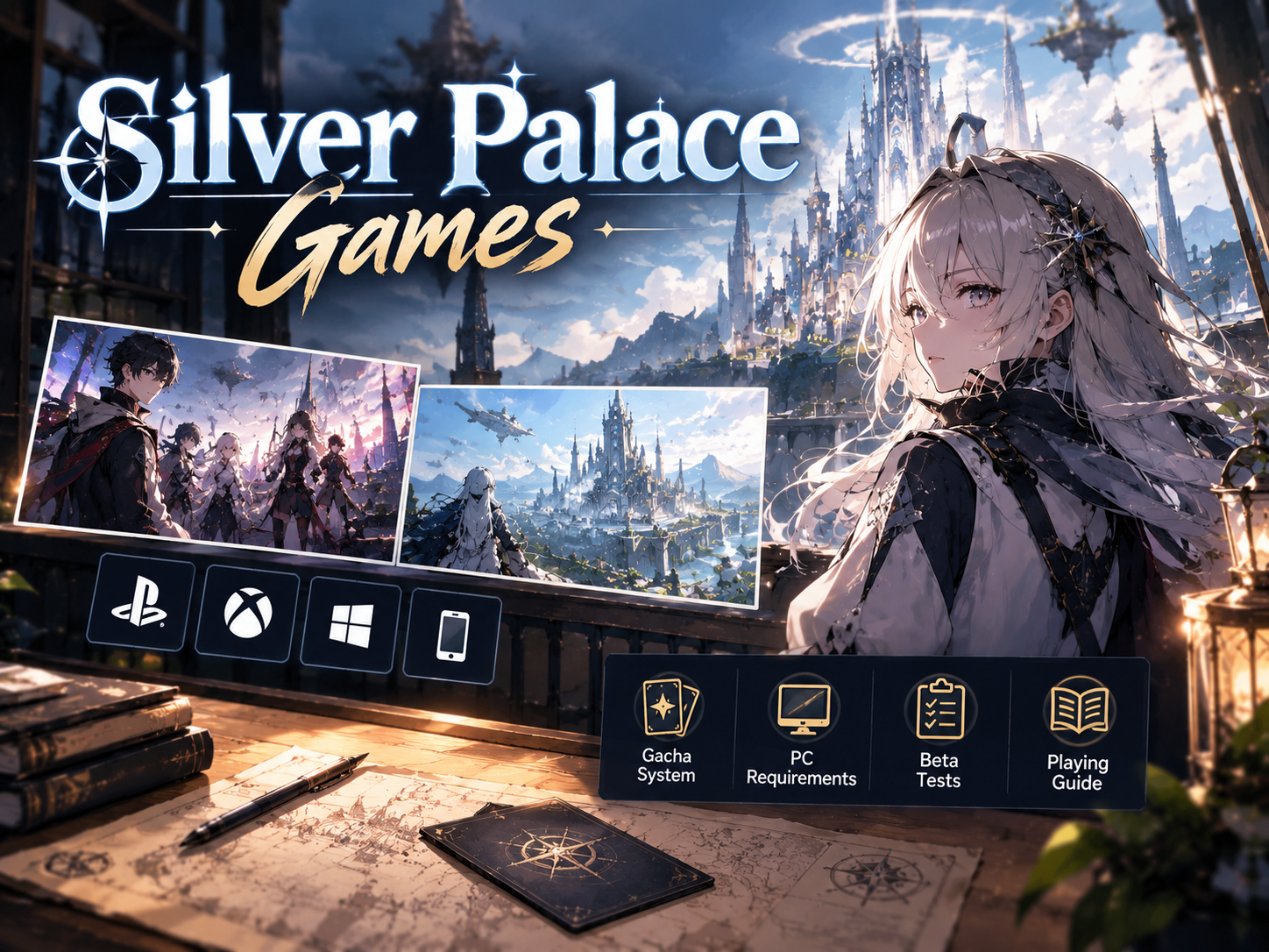 silver palace games gacha system pc requirements guide featuring anime character silver castle background and platform icons