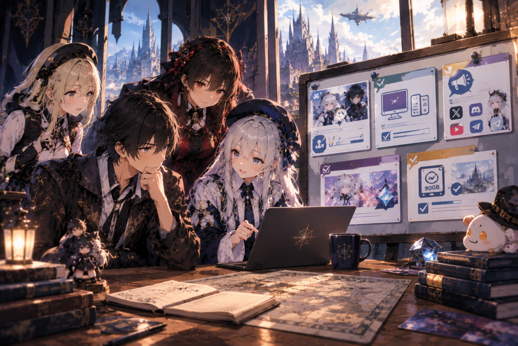 silver palace games official social media links discord system requirements board with anime characters reviewing laptop