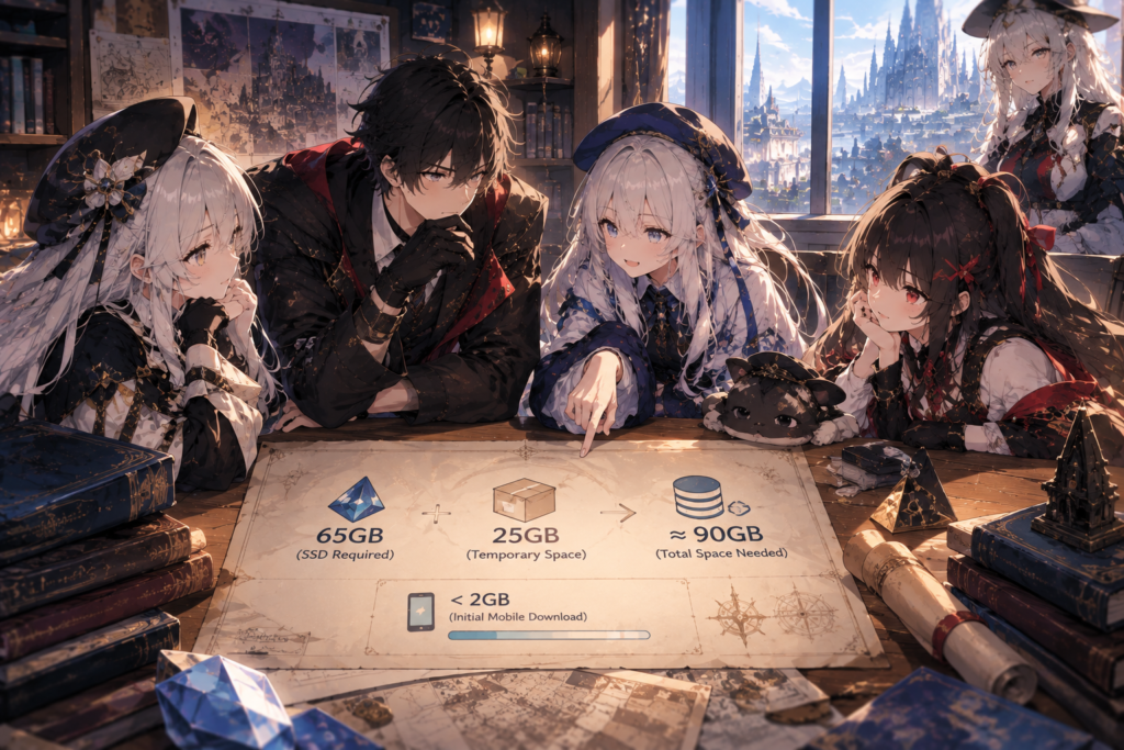 silver palace games pc storage requirements download size showing 65GB SSD and 90GB total space blueprint with anime characters