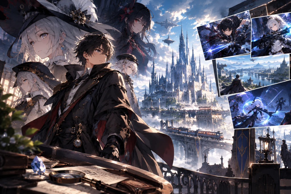 silver palace games character design gameplay preview showing male protagonist with anime heroines and castle landscape
