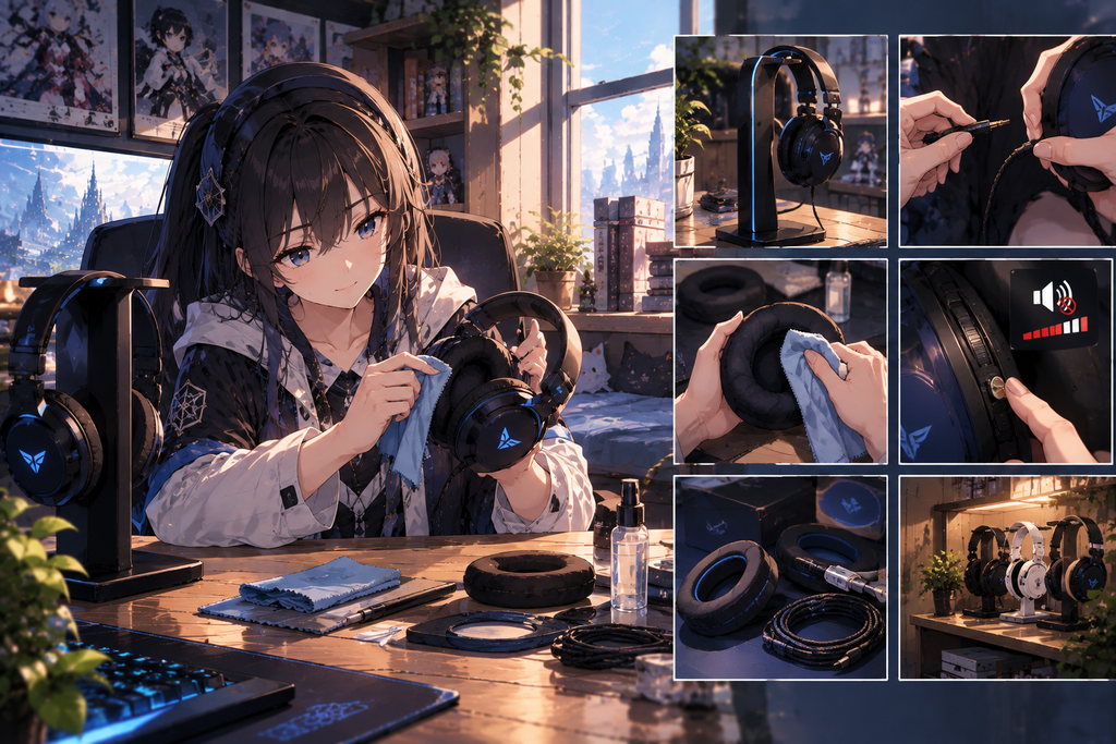 gaming headset cleaning maintenance guide showing anime girl wiping earpads and replacement parts step by step