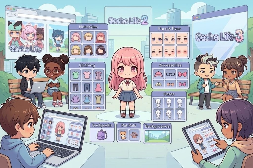 Gacha Life 3 character creation and customization gameplay on multiple devices.