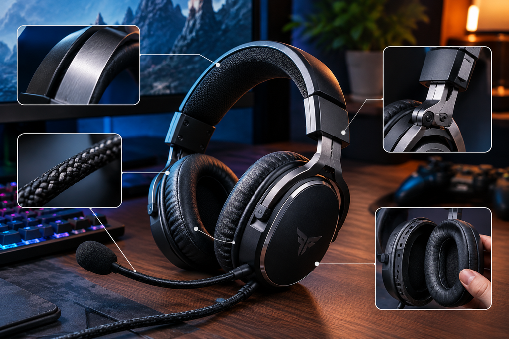 durable gaming headphones build quality features showing steel headband braided cable and metal hinges close up