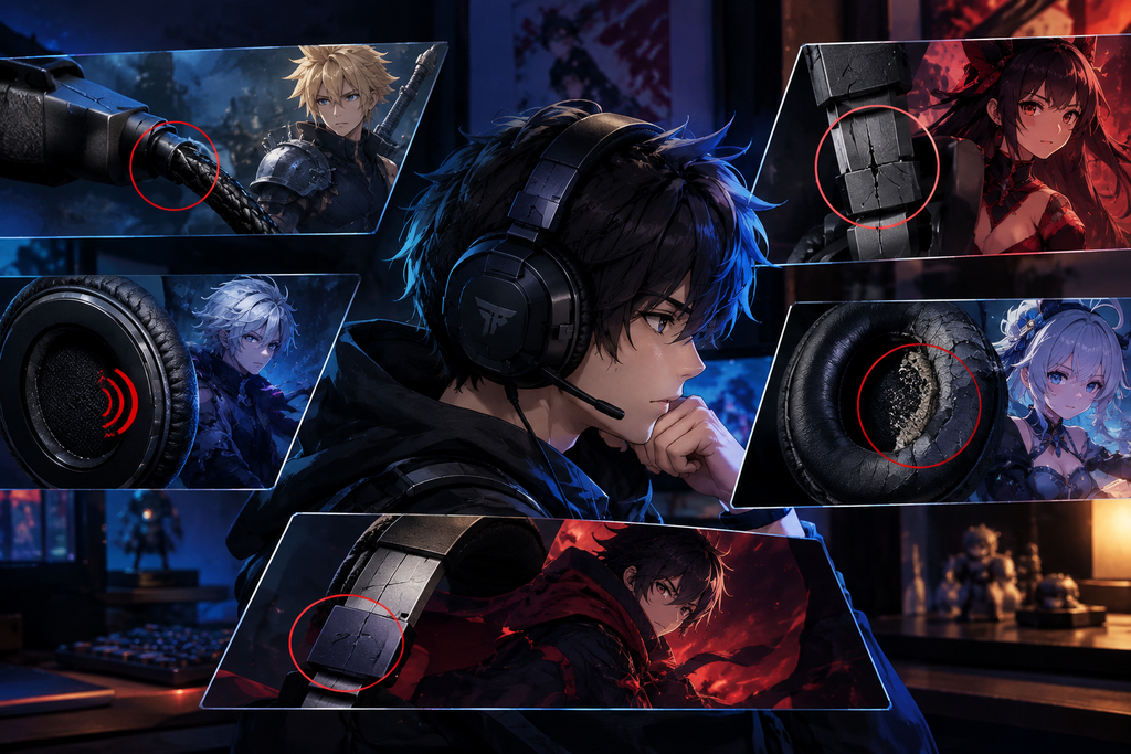 durable gaming headphones comparison showing frayed cables cracked plastic headband peeling ear cushions and anime gamer