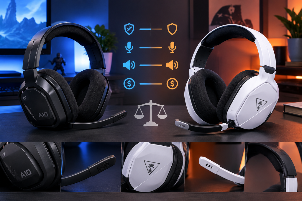 a10 gaming headset side by side comparison review with white gaming headset showing durability microphone sound and price icons