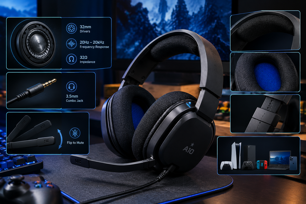 A10 gaming headset key specifications graphic showing 32mm drivers 3.5mm jack flip to mute mic and multi platform compatibility