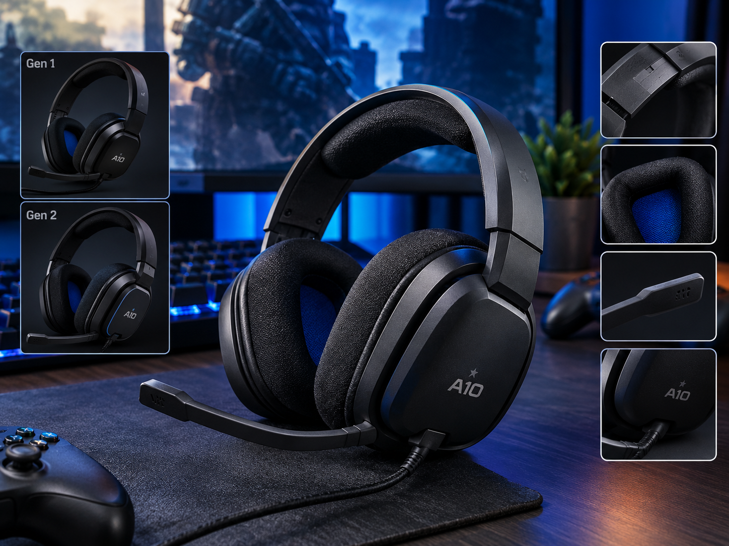 A10 gaming headset review showcase displaying Gen 1 and Gen 2 black Astro headset with headband cushion microphone and earcup details